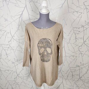 Caitlyn Beige Wool Blend Knit Rhinstone Skull Boat Neck Top